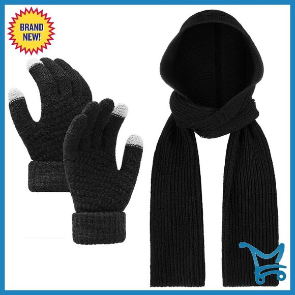 Winter Knitted Hooded Scarf & Touch Screen Gloves Set Acrylic Unisex